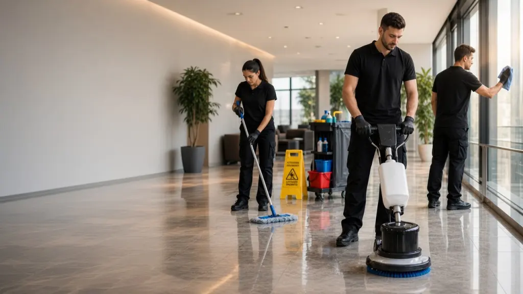 Squadra Diamond Clean al lavoro nella hall di un edificio per uffici a Torino