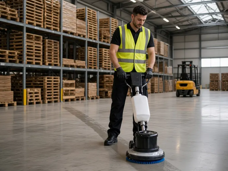 Lavasciuga industriale al lavoro sul pavimento di un capannone in provincia di Torino